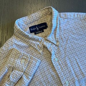 Ralph Lauren Custom Fit Mens L Tan Brown Check Button Down Shirt Pony Logo